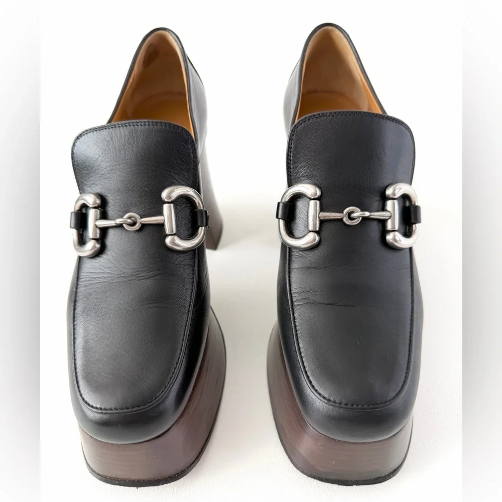 GUCCI | Black Leather Horsebit Platform Loafers Block Heel EU 37.5‎